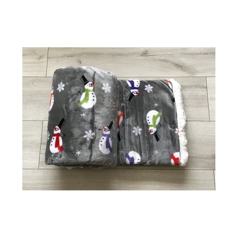 Koc Dwustronny Mikrofibra/Baranek 160x200 Wzór Świąteczny Bałwanki