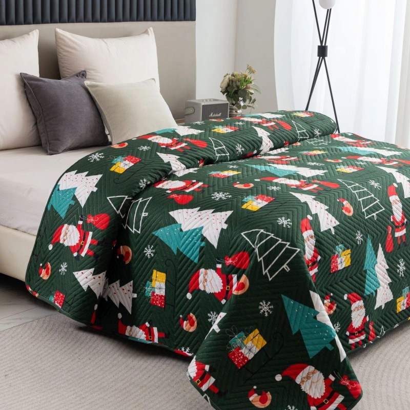 Narzuta Świąteczna Pikowana Cotton World 170x210cm Zielona Mikołaje Ch...