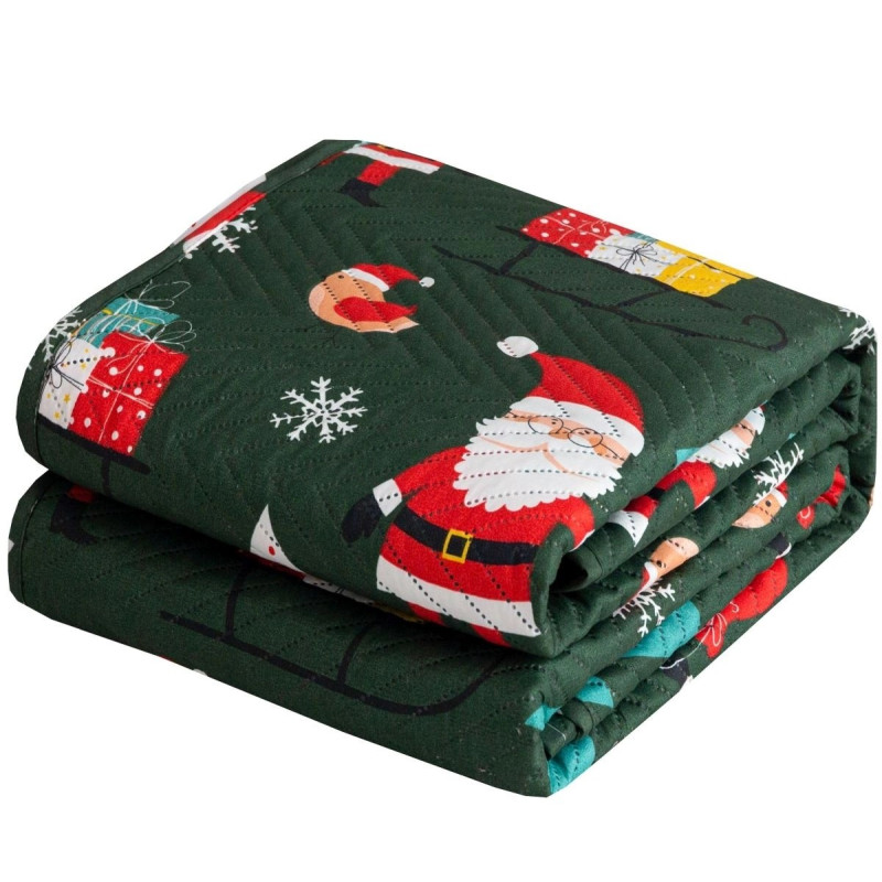 Narzuta Świąteczna Pikowana Cotton World 170x210cm Zielona Mikołaje Ch...