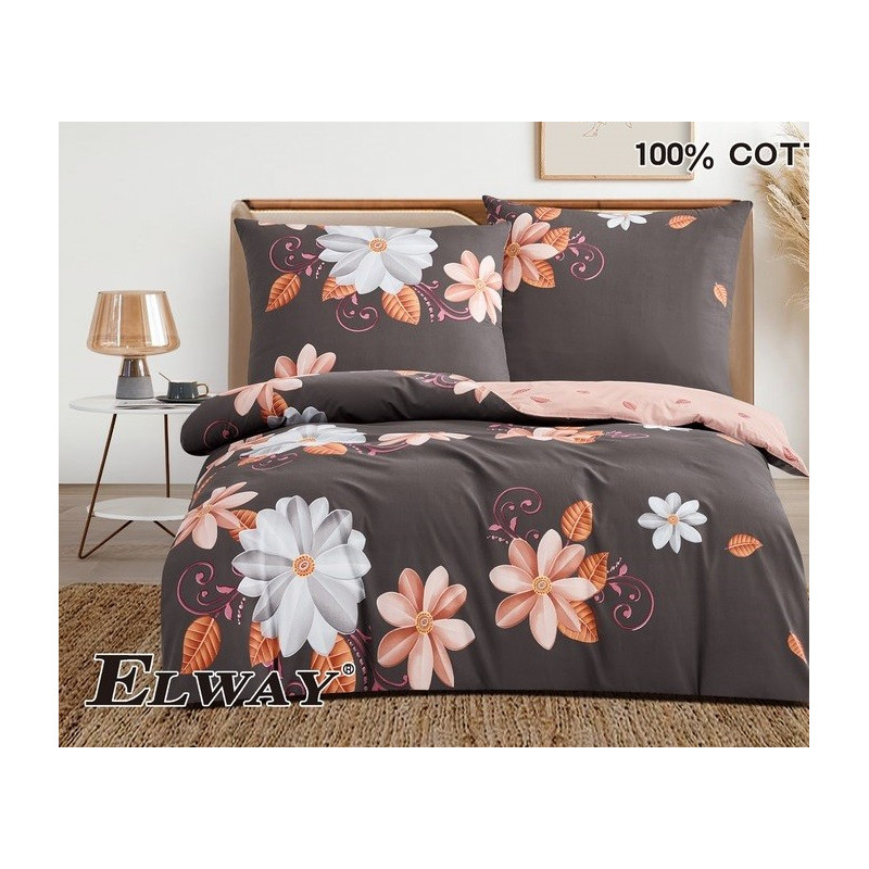 Pościel Dwustronna Bawełniana Elway 140/200 Kwiaty Na Brązie