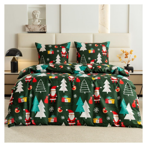 Pościel Świąteczna 3D Satyna Bawełniana 160/200 4cz Zielona Mikołaje i Choinki