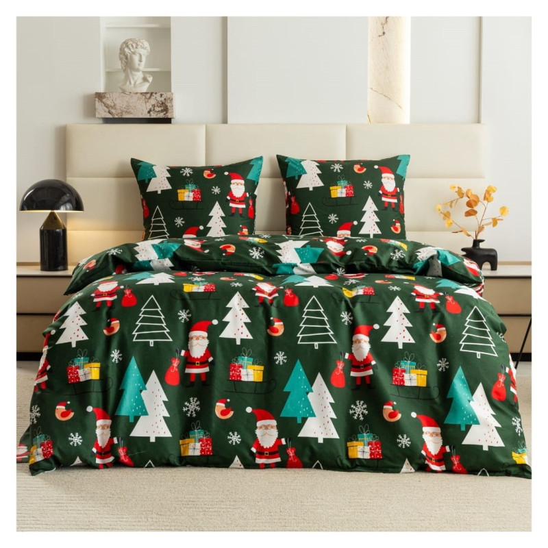 Pościel Świąteczna 3D Satyna Bawełniana 160/200 4cz Zielona Mikołaje i Choinki