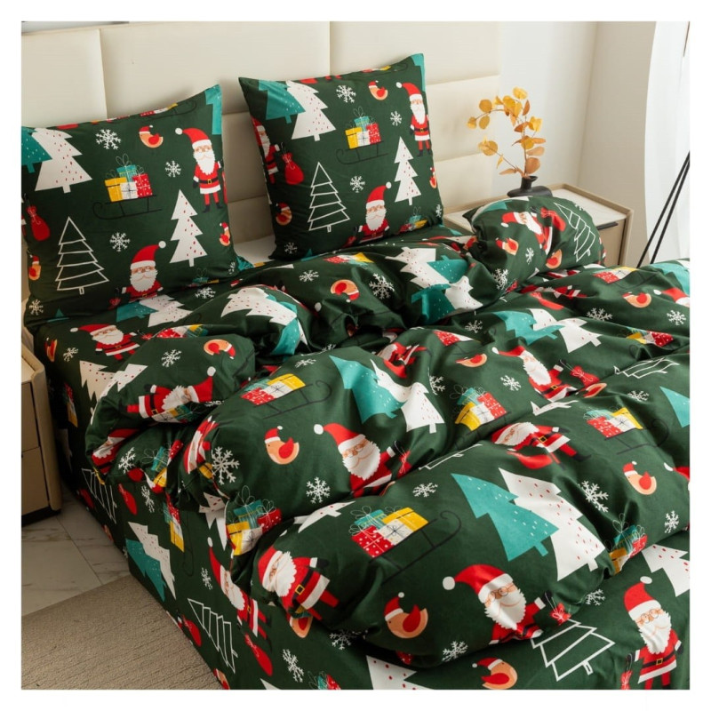 Pościel Świąteczna 3D Satyna Bawełniana 160/200 4cz Zielona Mikołaje i Choinki