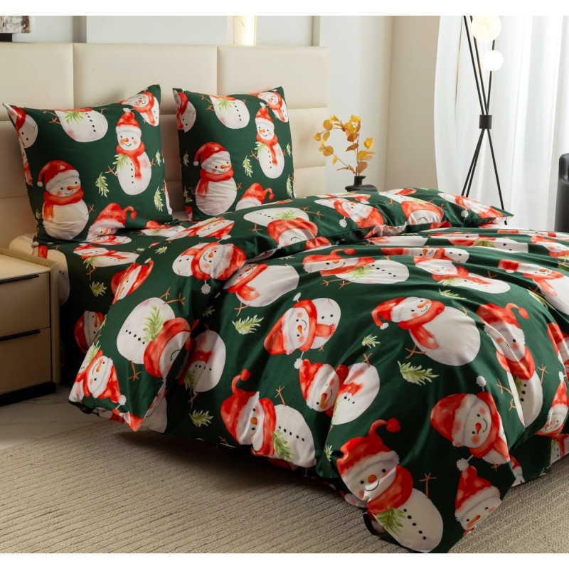 Pościel Świąteczna 3D Satyna Bawełniana 160/200 4cz Zielona Wesołe Bał.