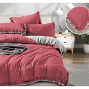 Pościel Z Dwukolorową Falbanką Satyna Bawełniana 160x200 Malinowo/Szar...