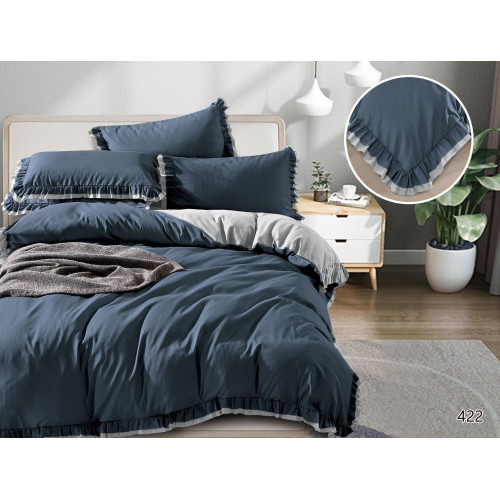 Pościel Z Dwukolorową Falbanką Satyna Bawełniana 160x200 Granatowo/Sza...