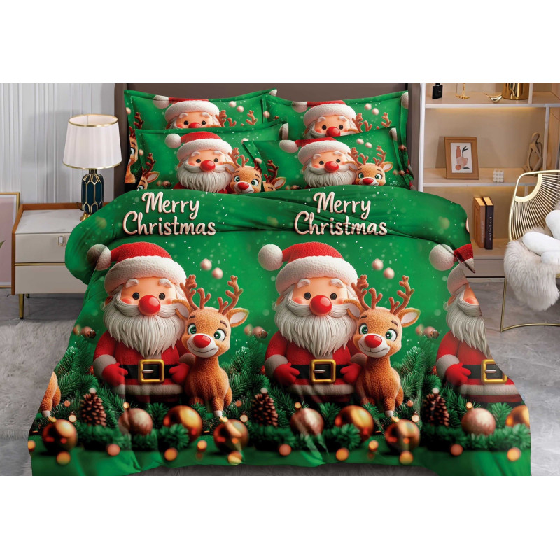 Pościel Świąteczna 3D Satyna Bawełniana 220/200 3cz Mikołaj Z Renifere...