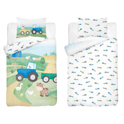 Pościel Dwustronna Bambusowa 100x135cm 2cz Niebieski Traktorek
