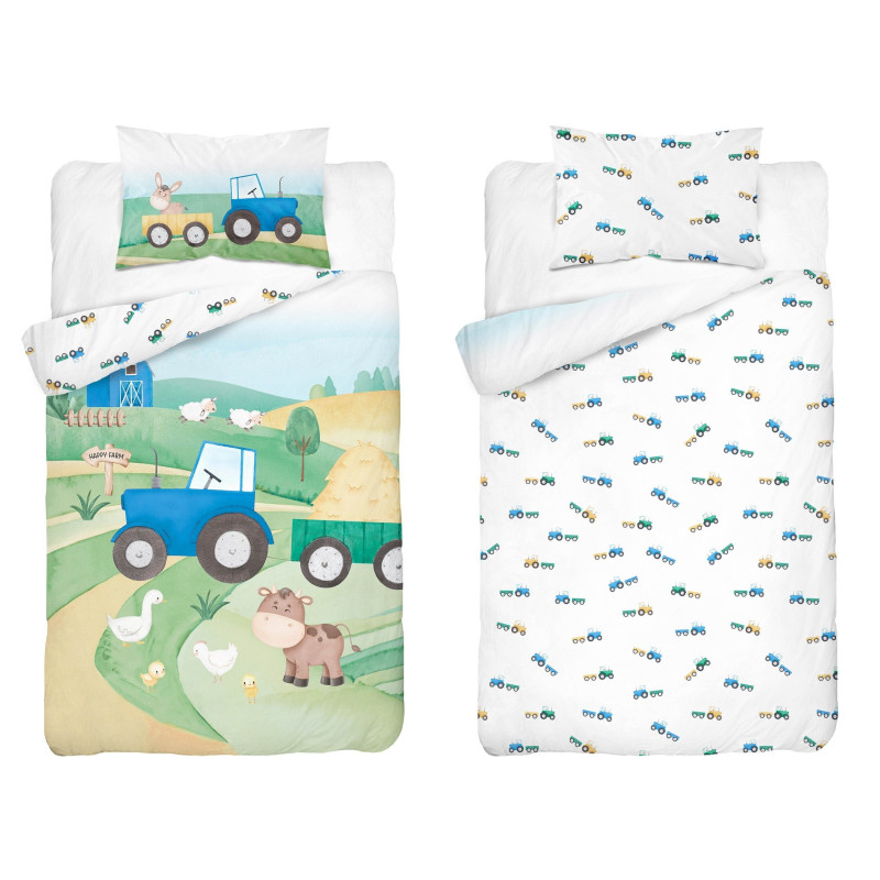 Pościel Dwustronna Bambusowa 100x135cm 2cz Niebieski Traktorek