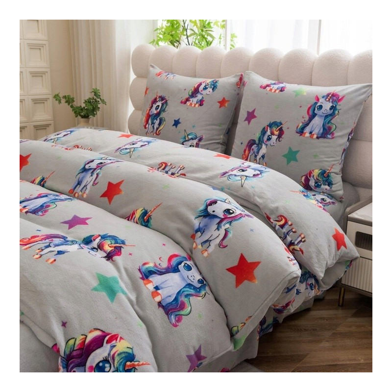 Pościel Gruba Z Mikrofibry Miś 140x200cm 2cz Kolorowe Jednorożce