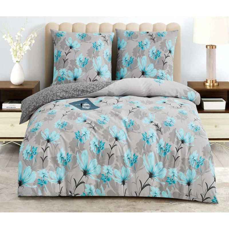 Pościel Dwustronna Bawełniana Elway 220/200 Szara w Niebieskie Kwiaty