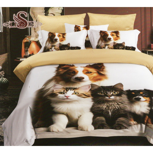 Pościel 3D Satyna Bawełniana 160/200 3cz Koty i Psy