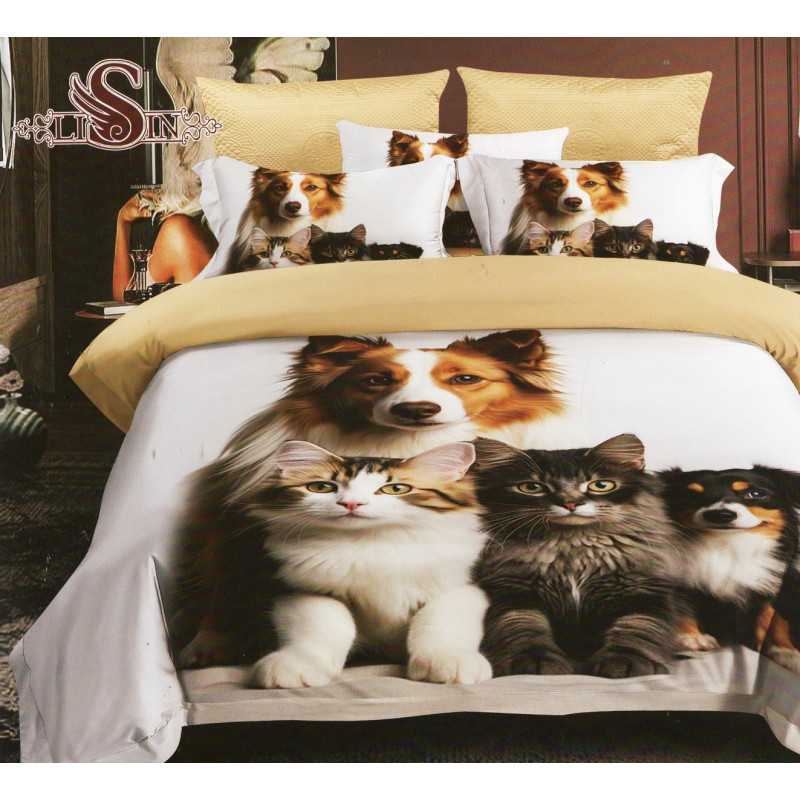 Pościel 3D Satyna Bawełniana 160/200 3cz Koty i Psy