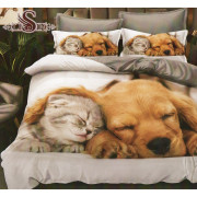 Pościel 3D Satyna Bawełniana 160/200 3cz Pies i Kot Dwa Śpiochy