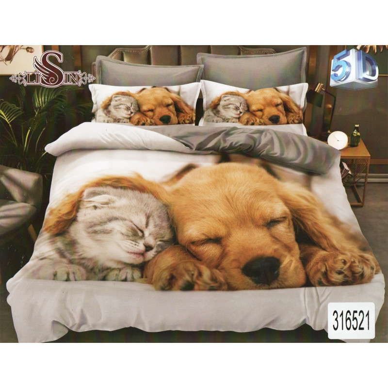 Pościel 3D Satyna Bawełniana 160/200 3cz Pies i Kot Dwa Śpiochy