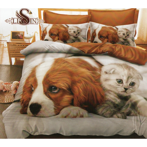 Pościel 3D Satyna Bawełniana 160/200 3cz Pies i Kot