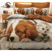 Pościel 3D Satyna Bawełniana 160/200 3cz Pies i Kot