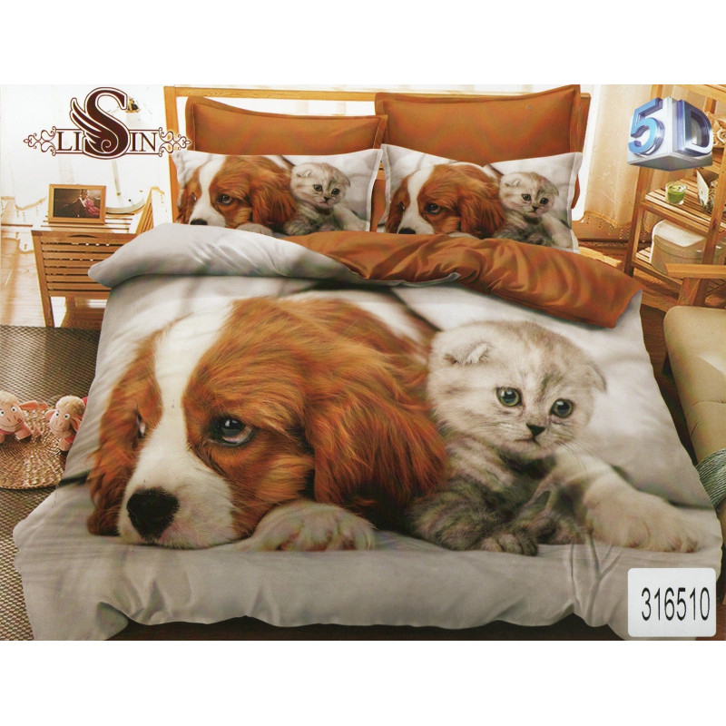 Pościel 3D Satyna Bawełniana 160/200 3cz Pies i Kot