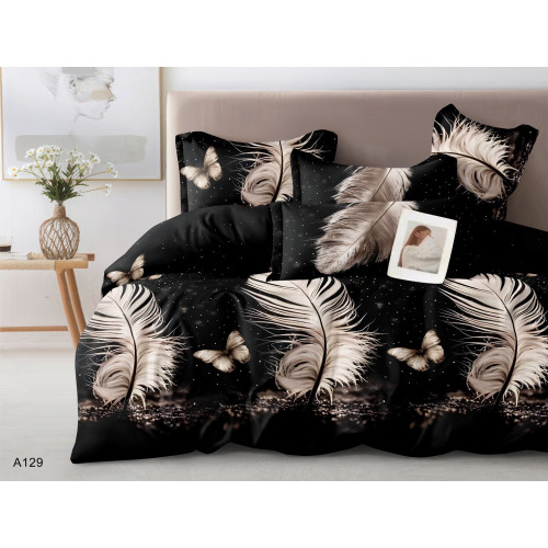 Pościel 3D Satyna Bawełniana 220/200 3cz Pióra Na Czarnym