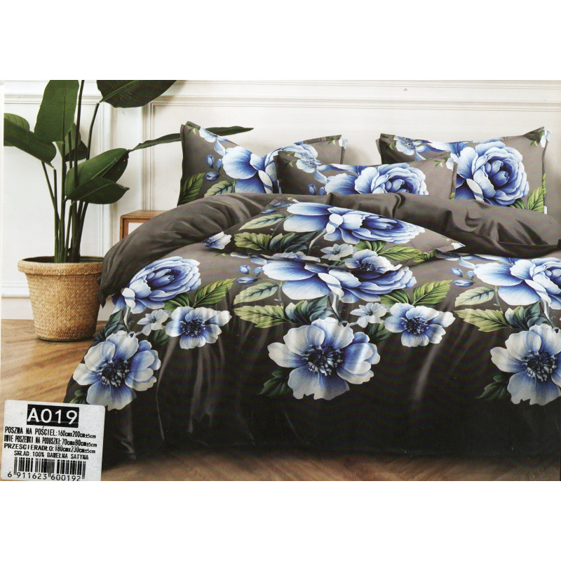 Pościel 3D Satyna Bawełniana 160/200 Z Prześcieradłem Niebieskie Kwiat...