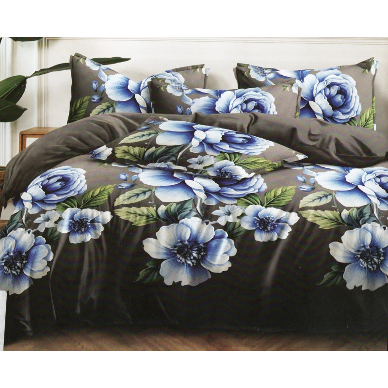 Pościel 3D Satyna Bawełniana 160/200 Z Prześcieradłem Niebieskie Kwiat...