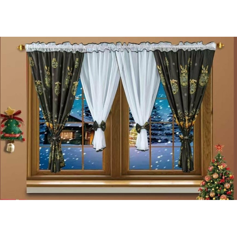 Firana Świąteczna Gotowa 400cmx155cm Boże Narodzenie Czarna Renifery