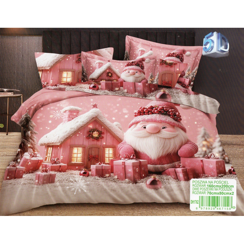 Pościel Świąteczna 3D Satyna Bawełniana 160/200 3cz Rózowy Skrzat