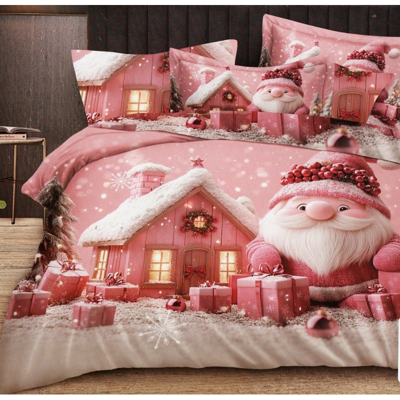 Pościel Świąteczna 3D Satyna Bawełniana 160/200 3cz Rózowy Skrzat