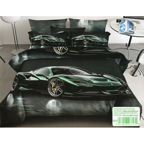 Pościel 3D Satyna Bawełniana 160/200 3cz Zielone Auto