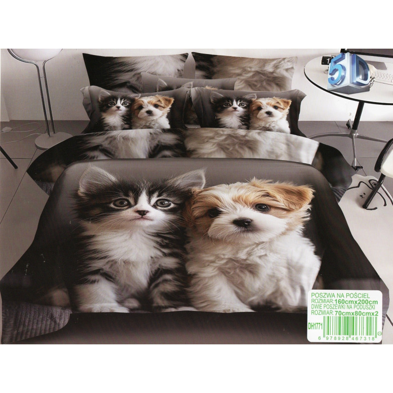 Pościel 3D Satyna Bawełniana 160/200 3cz Pies i Kot