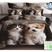 Pościel 3D Satyna Bawełniana 160/200 3cz Pies i Kot
