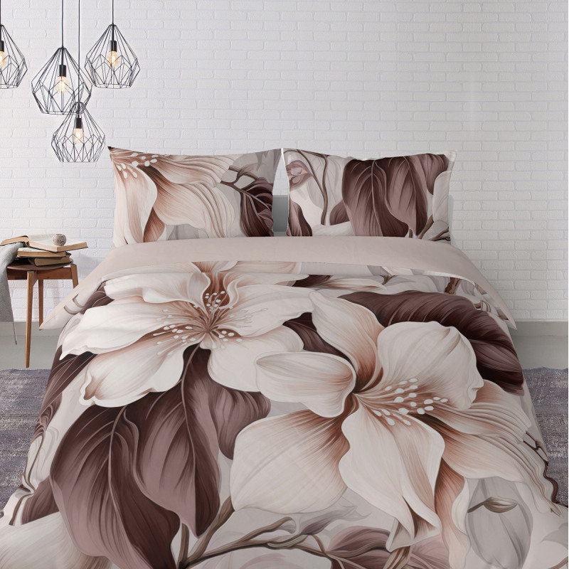 Pościel Holland 100% Bawełna 160x200 3cz Kwiaty Kremowo Czekoladowe