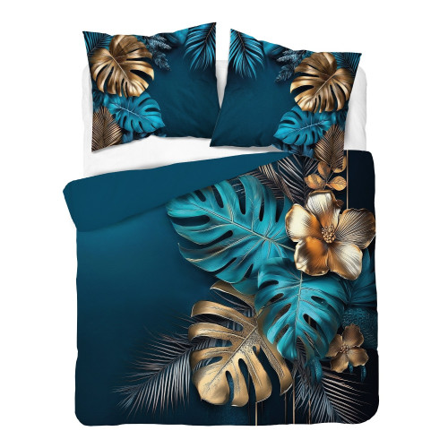 Pościel Holland 100% Bawełna 160x200 3cz Liście Monster Niebiesko Złot...