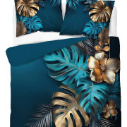 Pościel Holland 100% Bawełna 160x200 3cz Liście Monster Niebiesko Złot...