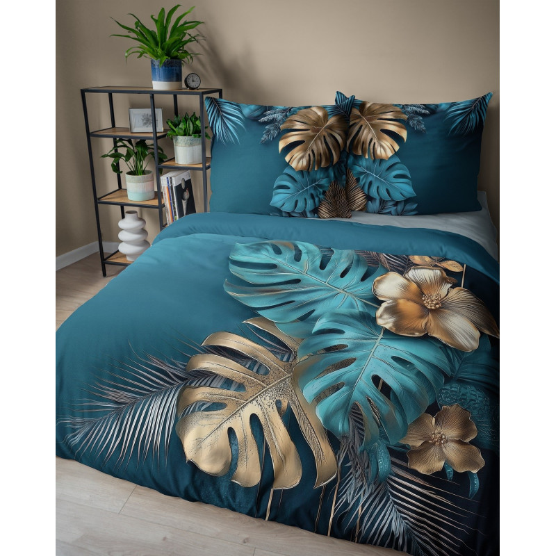 Pościel Holland 100% Bawełna 160x200 3cz Liście Monster Niebiesko Złot...