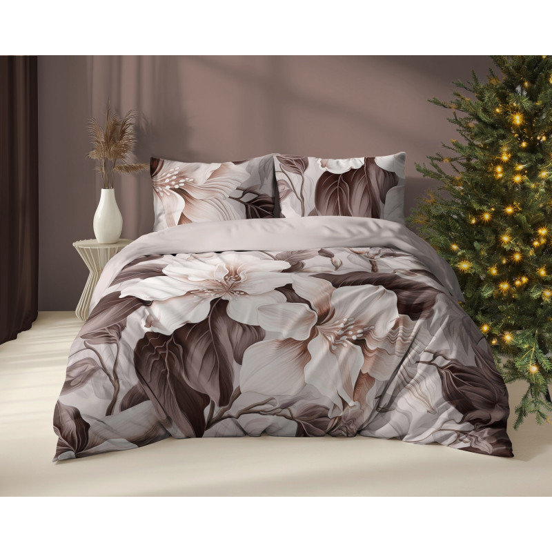 Pościel Holland 100% Bawełna 220x200 3cz Kwiaty Kremowo Czekoladowe