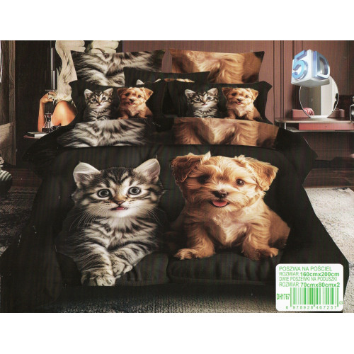 Pościel 3D Satyna Bawełniana 160/200 3cz Kotek z Pieskiem