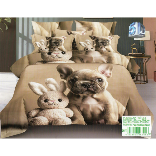 Pościel 3D Satyna Bawełniana 160/200 3cz Buldog Z Pluszowym Królikiem
