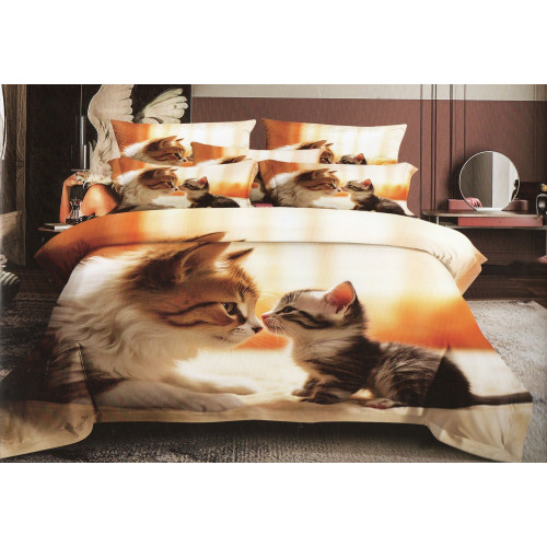 Pościel 3D Satyna Bawełniana 140/200(4cz) Z prześcieradłem Kotki