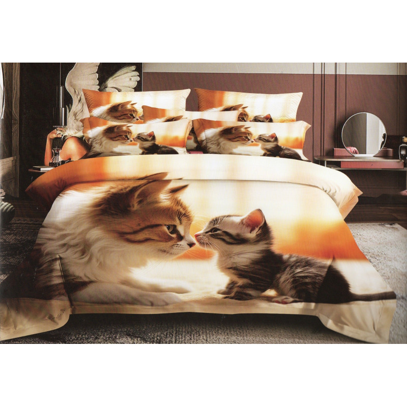 Pościel 3D Satyna Bawełniana 140/200(4cz) Z prześcieradłem Kotki