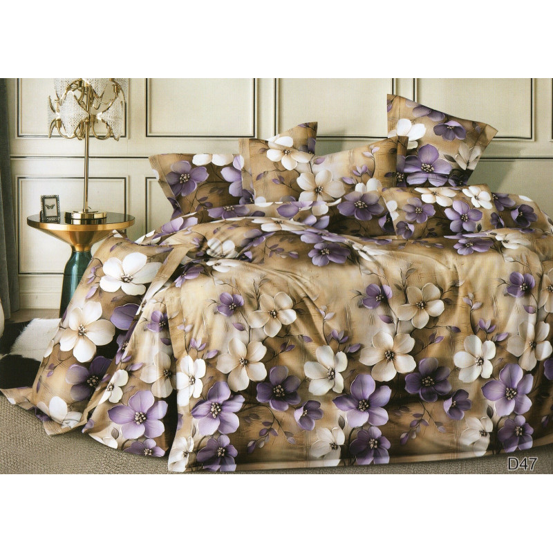 Pościel 3D Satyna Bawełniana 160/200 z Prześcieradłem Kwiaty Kremowo F..