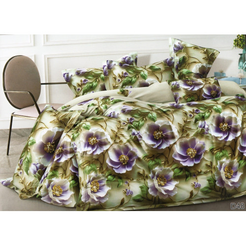 Pościel 3D Satyna Bawełniana 160/200 z Prześcieradłem Fioletowe Kwiaty