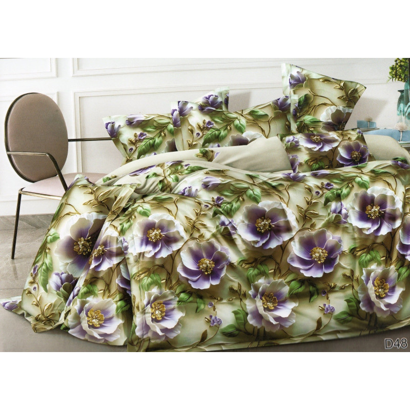 Pościel 3D Satyna Bawełniana 160/200 z Prześcieradłem Fioletowe Kwiaty