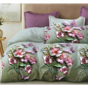 Pościel 3D Satyna Bawełniana 220/200 z Prześcieradłem Kwiaty Różowe