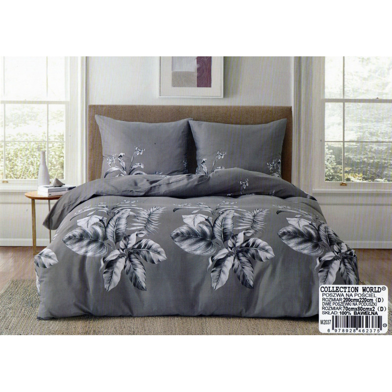 Pościel 220x200 Dwustronna Bawełna Satynowa Collection World Szare Liś...