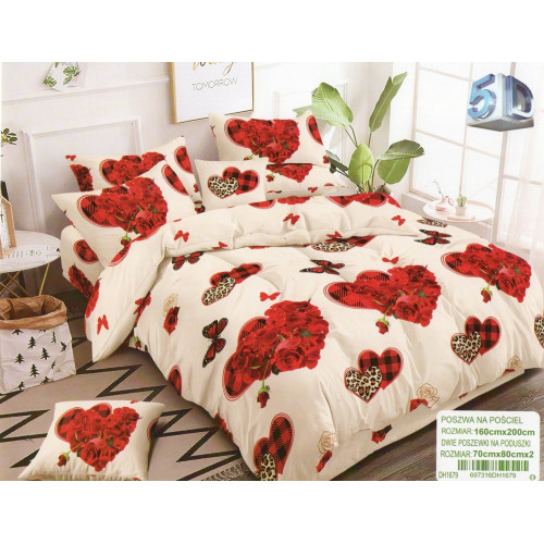 Pościel 3D Satyna Bawełniana 160/200 3cz Serca Róże