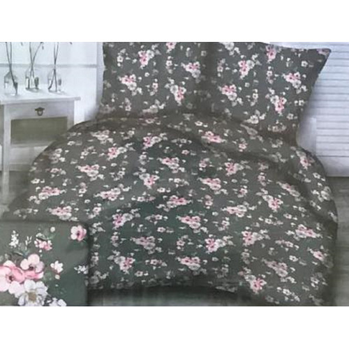 Komplet Pościeli Z Kory 100% Bawełna 160x200 Kwiaty Na Szarym