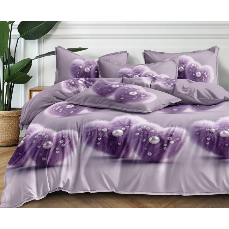 Pościel 3D Satyna Bawełniana 220/200 3cz Fioletowe Serca Z Perełkami