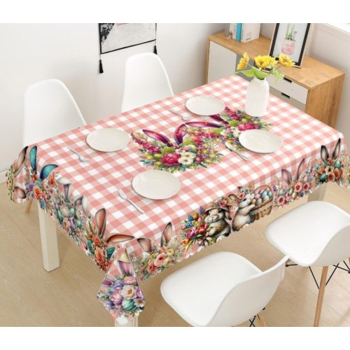 Obrus W Biało Różową Kratę Z Wzorem Światecznym Wielkanocnym Zajączki