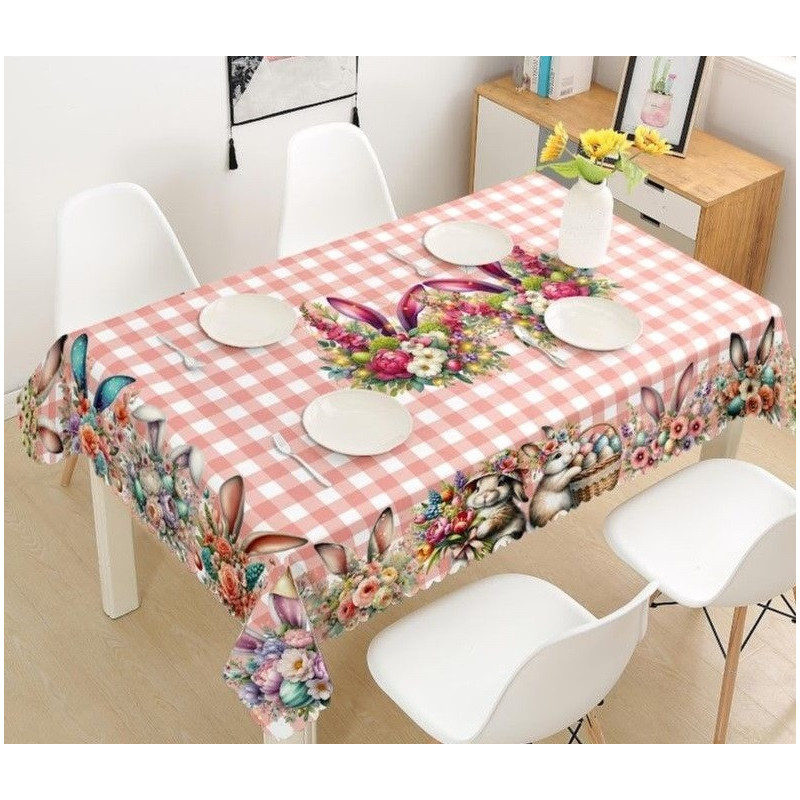 Obrus W Biało Różową Kratę Z Wzorem Światecznym Wielkanocnym Zajączki